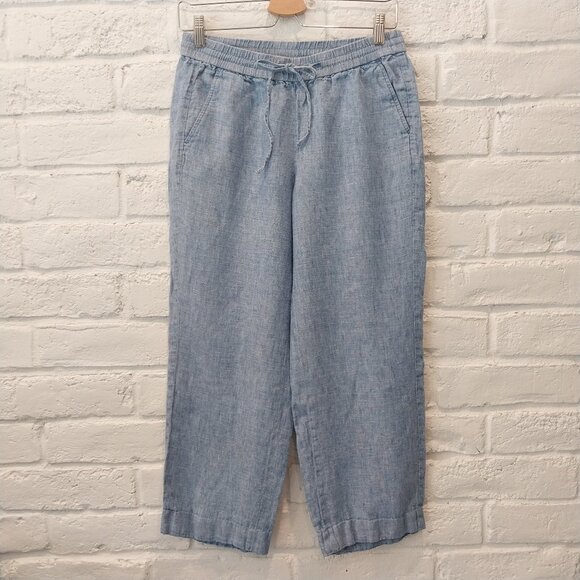 Talbots 100% Linen Pants Women 6 P Short Blue Pull on Wide Leg Drawstring Pocket - Picture 1 of 10